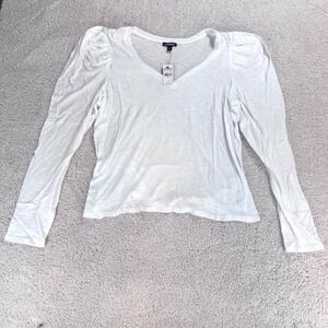 Express Womens White Puff Sleeve V-Neck Long Sleeve Slub Knit Top‎ XL NEW